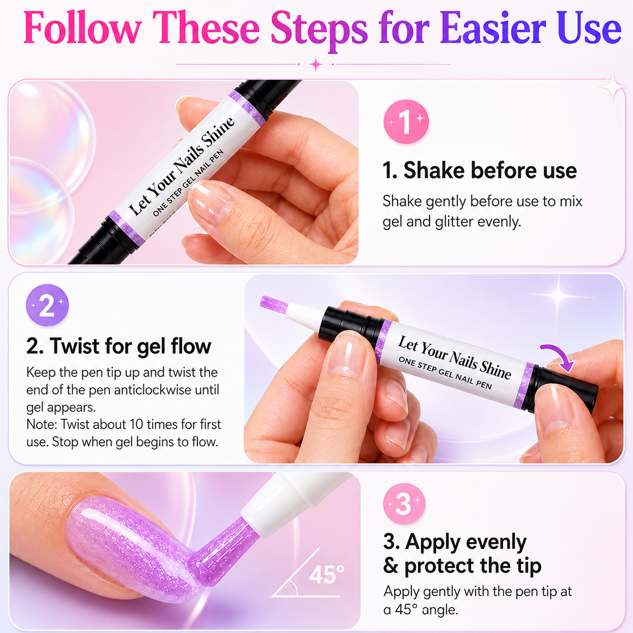 5 in 1 Aurora Gel Nail Polish Pen with Base Color and Top Coat