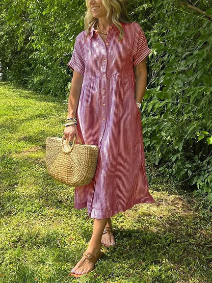 🎉This week's Special Sales - 50% OFF✨Striped Lapel Button Down Shirt Dress | With Functional Pockets