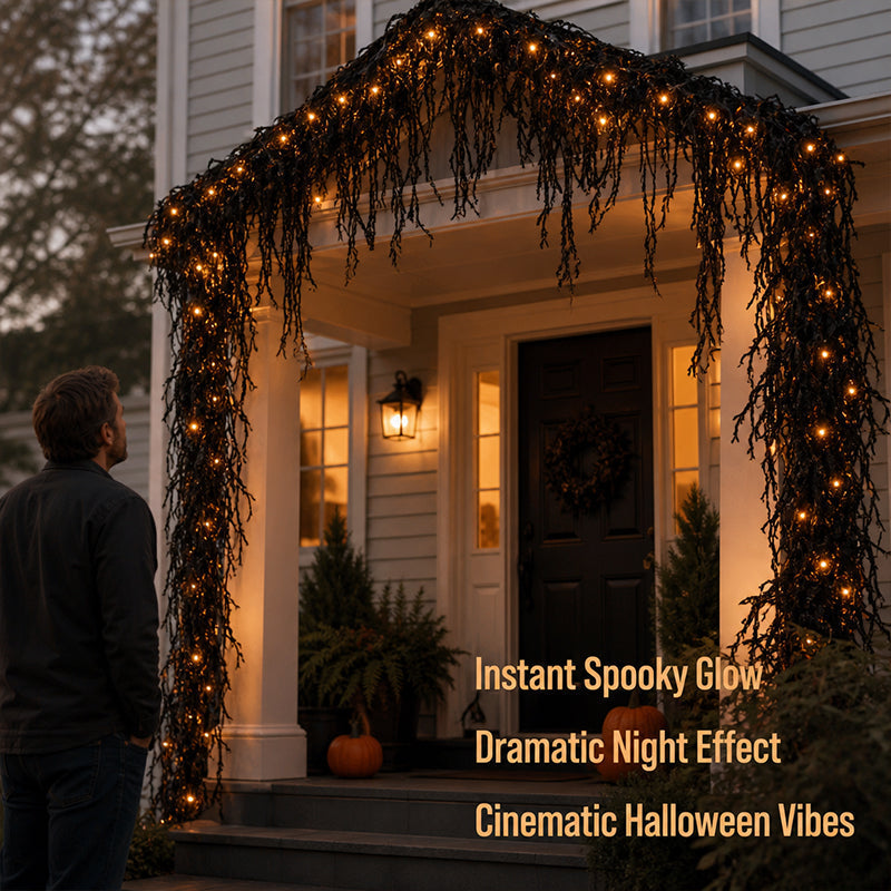 🎃Halloween Fireplace Decor Set with LED Lights – Black Vine Garland for Mantel, Door Frame, Window & Spooky Party Decor👻
