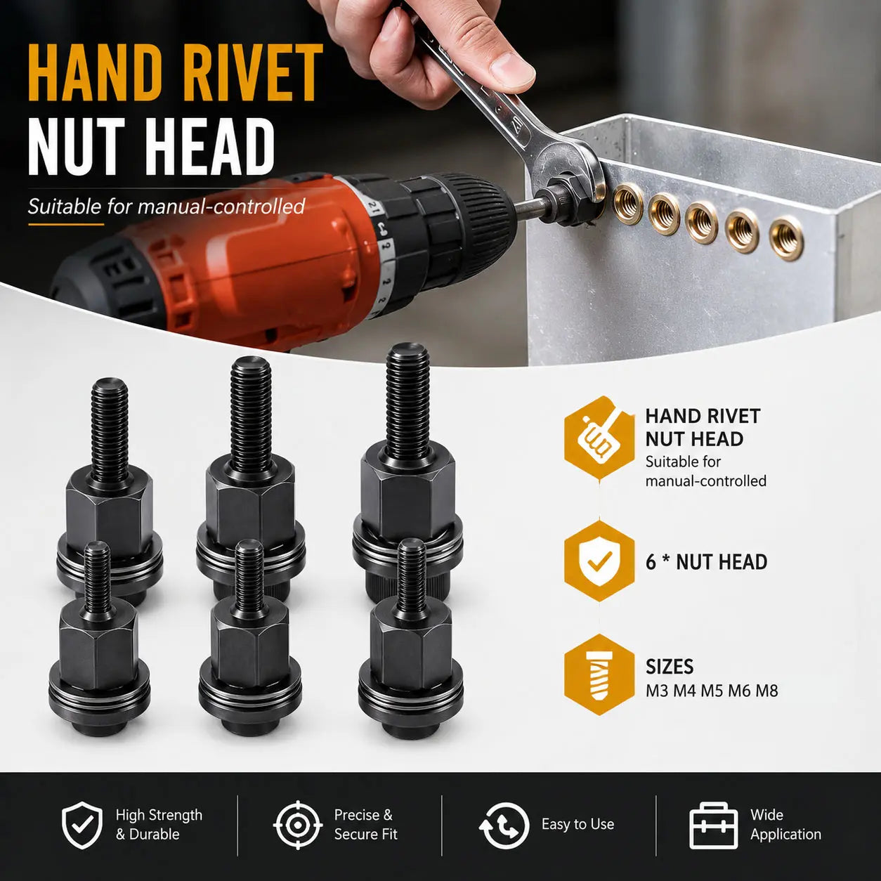 Head Rivet Nut Tool, M3 M4 M5 M6 M8 Rivnut Kit, Carbon Steel Rivnut Set,