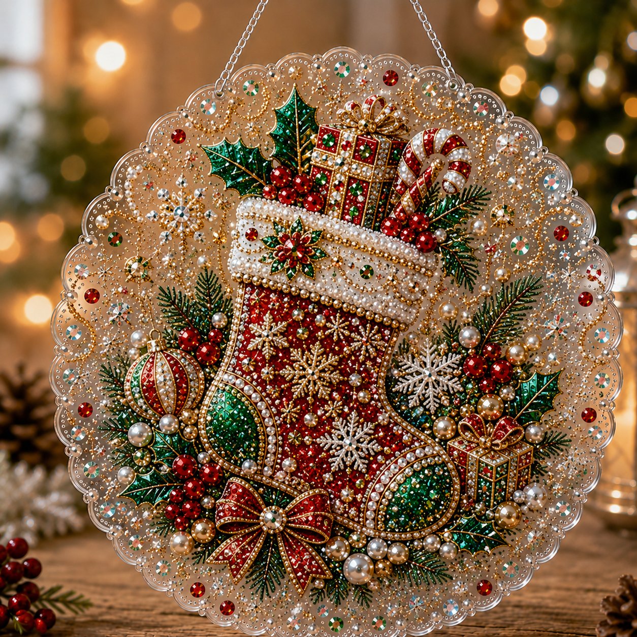 🎄 LAST DAY 49% OFF🎄 Christmas Pearl Diamond Art Hanging Ornament Kit | Luxury Flocked Canvas with Scratch-Resistant Non-Fading Pearl Beads DIY Handmade Holiday Hanging Decor 🎅💎