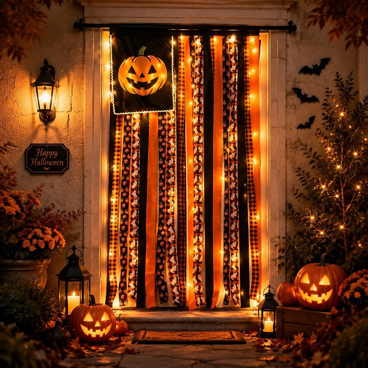 🎃Halloween Banner Flag Pre-Lit Pumpkin Fabric Ribbon Garland Streamers