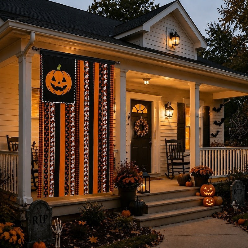 🎃Halloween Banner Flag Pre-Lit Pumpkin Fabric Ribbon Garland Streamers