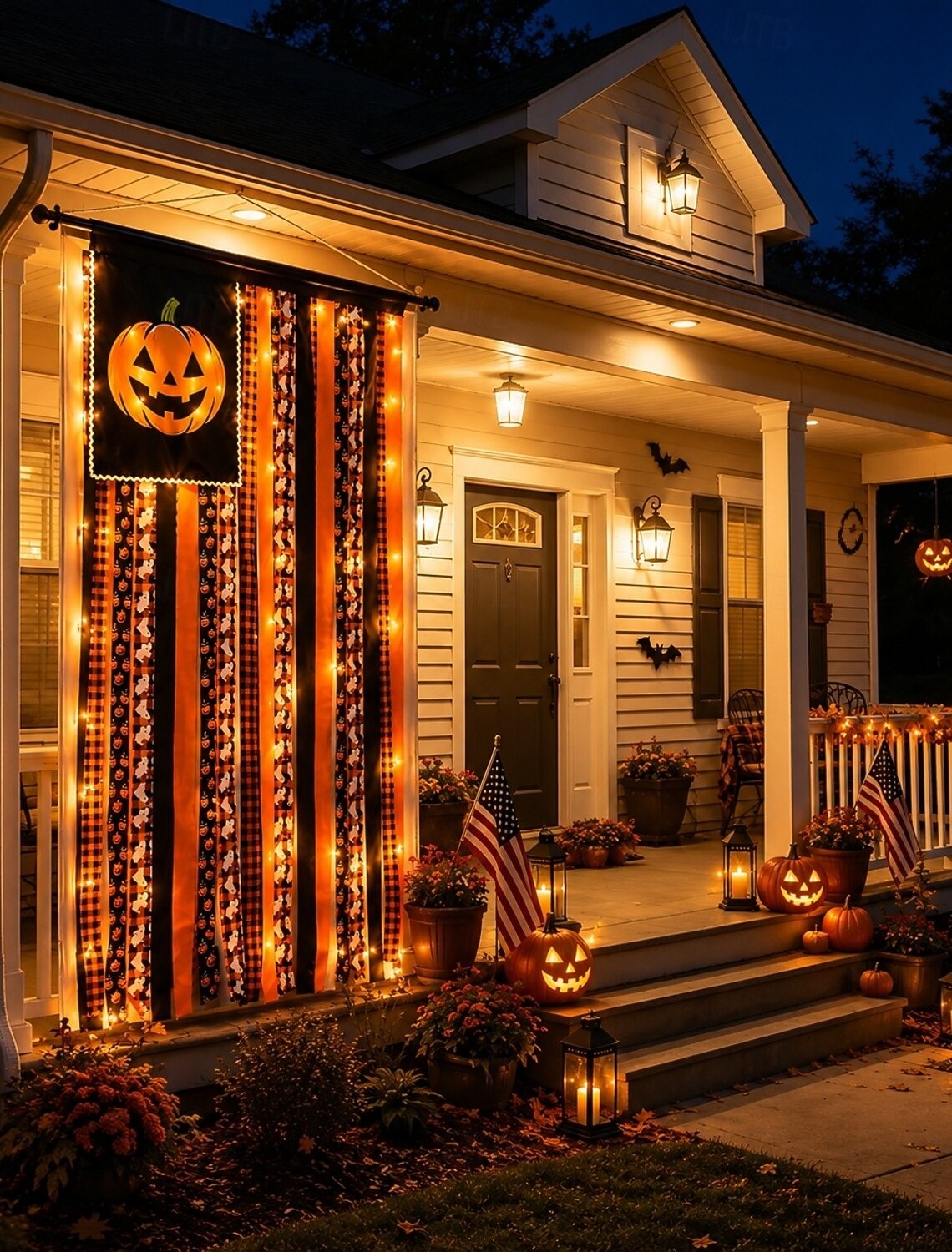 🎃Halloween Banner Flag Pre-Lit Pumpkin Fabric Ribbon Garland Streamers