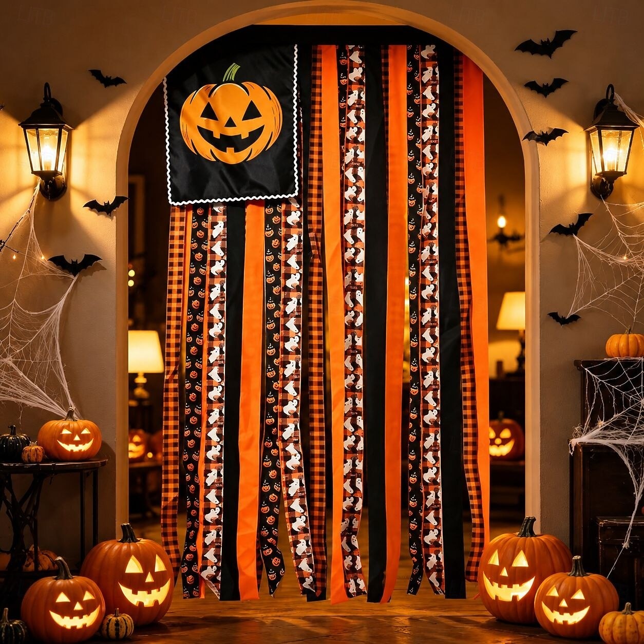 🎃Halloween Banner Flag Pre-Lit Pumpkin Fabric Ribbon Garland Streamers