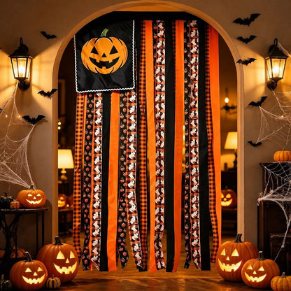 🎃Halloween Banner Flag Pre-Lit Pumpkin Fabric Ribbon Garland Streamers