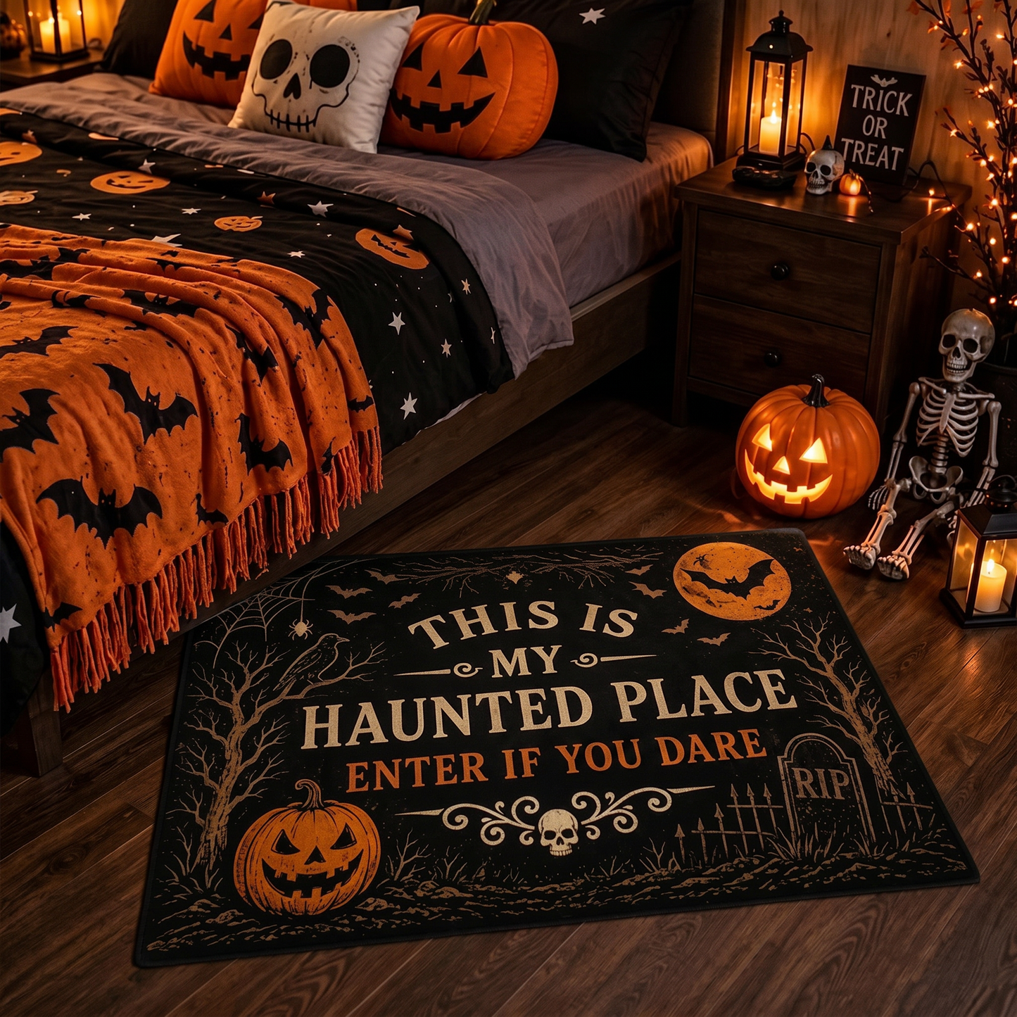 "This Is My Haunted Place" Fun Halloween 2-Piece,Round Hanging Sign & Cute Spooky Doormat
