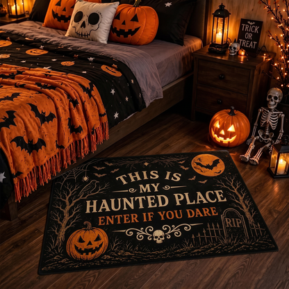 "This Is My Haunted Place" Fun Halloween 2-Piece,Round Hanging Sign & Cute Spooky Doormat
