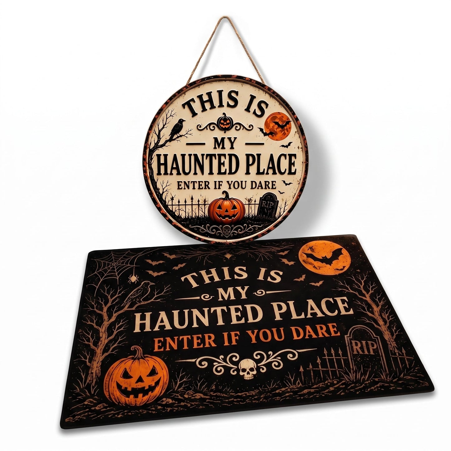 "This Is My Haunted Place" Fun Halloween 2-Piece,Round Hanging Sign & Cute Spooky Doormat