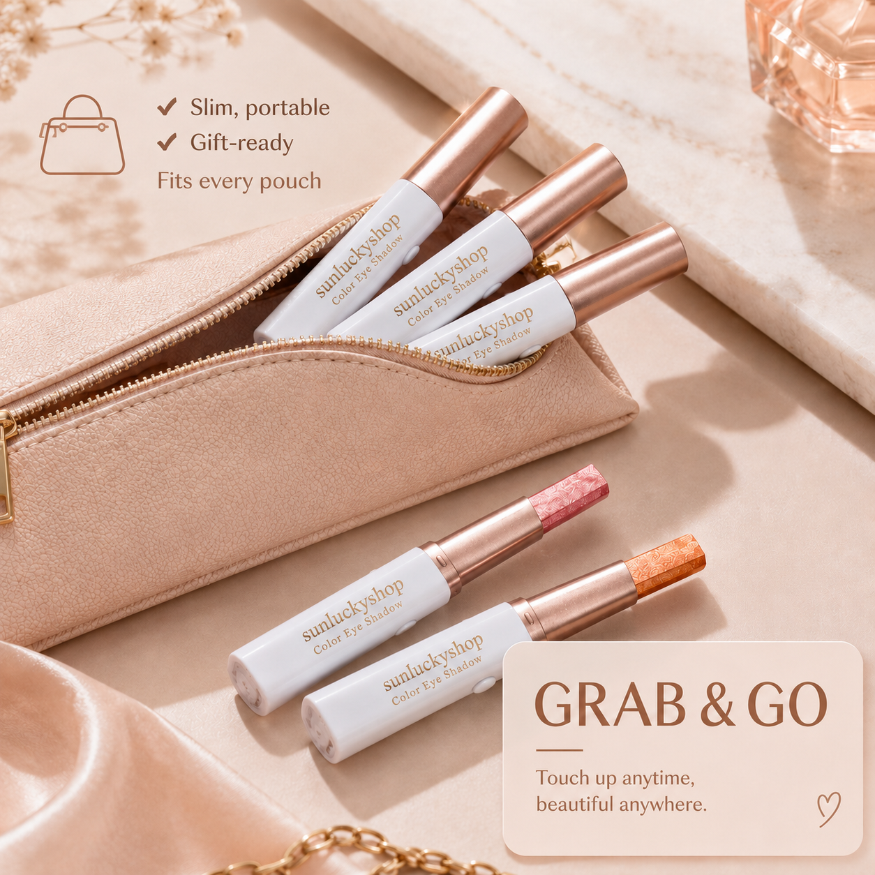 Portable eyeshadow sticks inside a makeup pouch